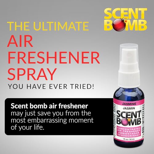 Image of Scent Bomb Air Freshener Spray, Long-Lasting Odor Eliminator - Effective Deodorizer for Home & Car, Fresh Room Spray for Kitchen, Bathroom & Smell Neutralizer - 1 oz Pack of 4, Jasmine Scent