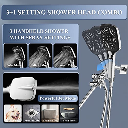 Jcrob 12 Inch Shower Head With Handheld, High-Pressure Rain/Rainfall Shower Heads With 3+1 Settings Handheld Spray, Including 3-Way Diverter, Extension Arm - Height/Angle Adjustable(Chrome) #TOP4