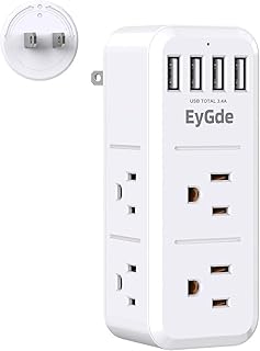 2 Prong Power Strip with Surge Protector 1700J, EyGde Multi Plug Outlet Extender with Rotating Plug, 6 Wall Outlet Splitter (3 Sided) with 4 USB Ports for Kitchen, Bathroom, White