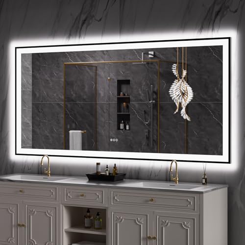 LOAAO 84"X40" LED Bathroom Mirror Black Framed, Anti-Fog, Dimmable, Lighted Bathroom Vanity Mirror for Wall, Memory Function, Tempered Glass