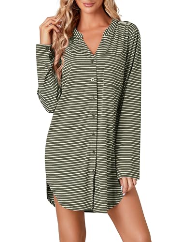 Image of Vrtige Women's Striped Nightshirt Button Down Long Sleeve Nightdress Nightgown with Pocket