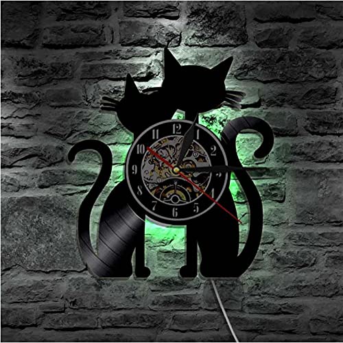 Reloj de pared, luz nocturna LED, diseño de disco de vinilo hecho a mano, silueta de gatos, pieza decorativa moderna para amantes de los gatos