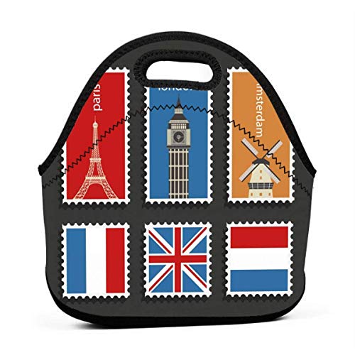 Borsa da pranzo in neoprene portatile con raccolta di francobolli postali con cerniera per la scuola dell'ufficio e la scatola di pranzo leggera per picnic all'aperto