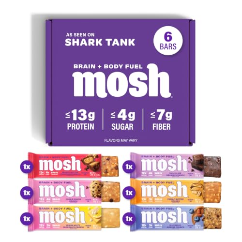 MOSH Variety Pack Keto Protein Bars, High Fiber, Low Carb, Gluten Free, High Protein, Brain Healthy Snack with Ashwagandha, Lion's Mane, 6 Count