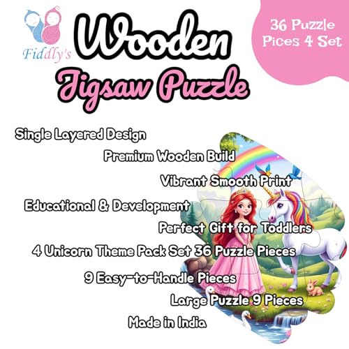 Image of Fiddlys Single Layered Wooden Jigsaw Puzzle Games for Children & Kids - 9 Pieces Age 3 4 5 6 Years Old Girls & Boys Animals Jigsaw Puzzle (Pack of 4 Unicorn & Princess)