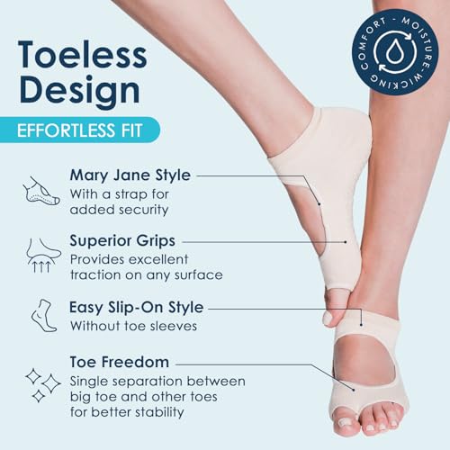 Image of Allegro Nude Toeless Grip Socks, Barefoot Non-Slip Pilates & Yoga for Women | Skin Matched Tones, Recitals, Under Tights, 70% Recycled Cotton, Traction Dots, Reformer, Barre, Dance, Machine Washable