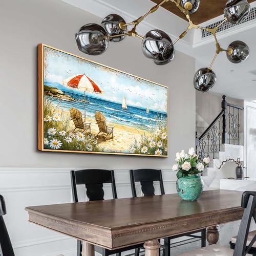 ERQINHUA Large Wall Decor Canvas Painting Wall Art For Living Room Bedroom Home Decoration Blue Seaside Landscape Painting Print For office Dining Room Bathroom Wall Aesthetics Wood Frame 30x60 In