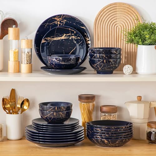 LOVECASA Tafelservice porzellan, Serie Daphne, SWEET 24-teiliges Kombiservice Set, Ess Geschirrset mit Goldspritzer Design, Speiseteller, Dessertteller, Müslischalen und Suppenteller für 6 Personen