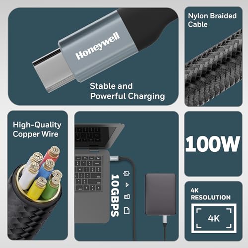 Image of Honeywell Type C to Type C USB 3.1 Cable, 4 Feet (1.2M), Max Output 5A 100W, QC 3.0, Fast Charge, Compatible with Apple Devices, Smartphones, Laptops, Power Banks, Tablets, Headphones, Speakers Black