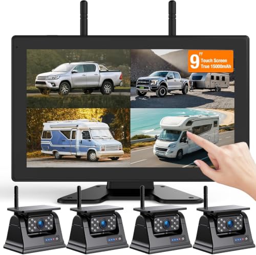 Image of 4 Magnetic Solar Wireless Backup Cameras 1080P 9 inchTouchscreen with DVR,328FT | 15,000mAh Rechargeable Battery,1-Min Install No Wiring,Clear Night Vision,Long Life,Loop Recording,for Truck Trailer SUV RV