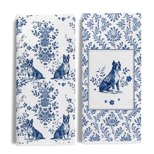 Image of Chinoiserie Boxer Dog Kitchen & Hand Towels Set of 2, Blue and White Floral Dog Dish & Tea Towels for Farmhouse Kitchen Bathroom Decor,Vintage Toile Dog Lover Gifts for Women 16x24 Inch