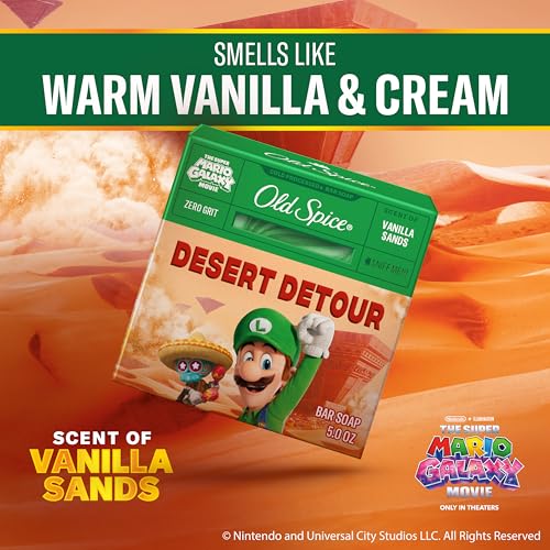 Image of Old Spice Bar Soap for Men, x The Super Mario Galaxy Movie, Cold Pressed with Grit, Made with Natural Oils & Plant Based Cleanser, Vanilla Sands with Warm Vanilla & Cream Scent, 5.0 oz