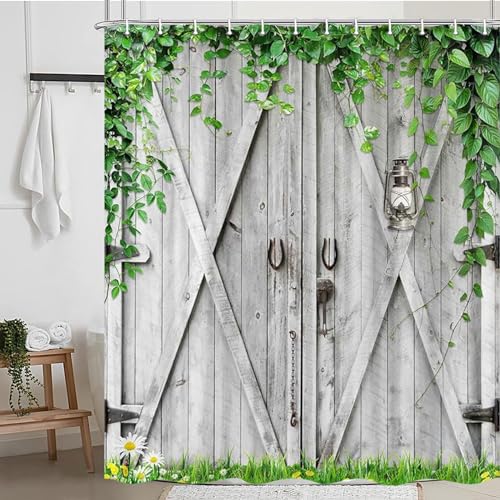 Rustic Wooden Board Barn Door Shower Curtain Sets for Bathroom,