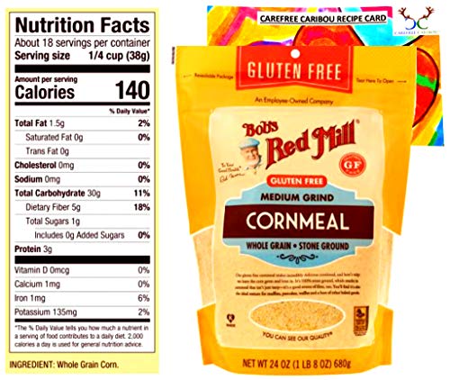 Bobs Red Mill Gluten Free Cornmeal Bundle. Includes Two (2) 24oz Packages of Bobs Red Mill Gluten Free Medium Grind Cornmeal and a Recipe Card from Carefree Caribou!