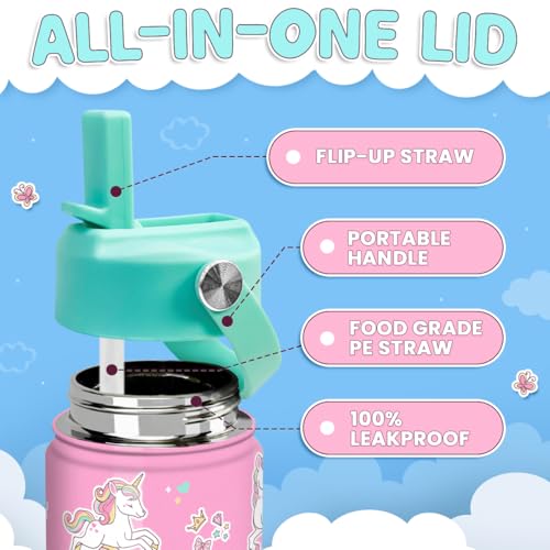 Image of SANDJEST Unicorn Water Bottle - Kids Water Bottle with Straw Lid - 12 Oz Insulated Stainless Steel Water Bottles for Kid Girls - Travel Cup for School Sports