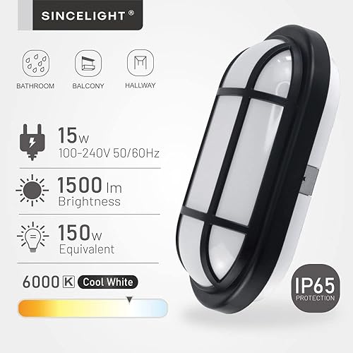 Miniatura 2 de SINCELIGHT Lámpara LED ovalada para montaje en pared y techo, difusor de ópalo, impermeable IP65 para uso en interiores o exteriores, 15 W, blanco