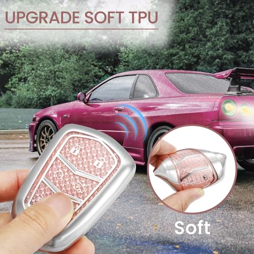 Image of for Cadillac Key Fob Cover with Fashionable Zirconia Wristlet KeyChain, Enchanting Diamond Patterns Soft Case for Escalade ATS XT4 /5 /6 XTS SRX STS (Pink, A2)