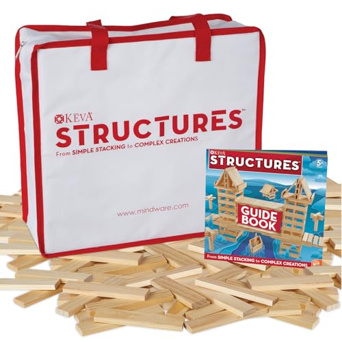 MindWare KEVA Structures 400 Plank Wooden Building Blocks Set - Includes 400 Pine KEVA Planks Canvas Storage Bag and Full-Color Idea Book