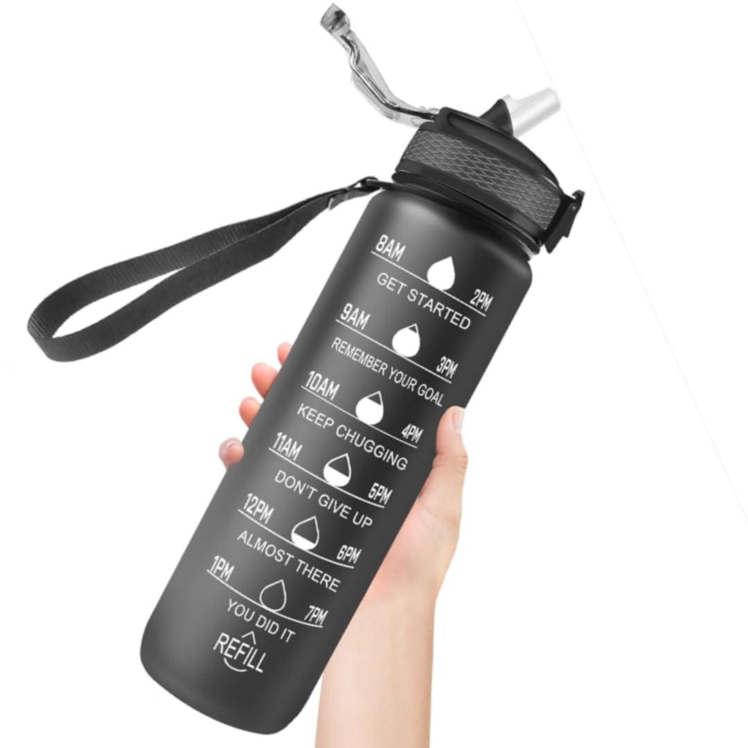 Spinegear Black 1Liter Water Bottle | Motivational Water Bottle With Time Marker & Straw | Bpa-Free Tritan Leakproof Design, One-Click Open For Hydration Goals (, 1 Litre) 32Oz