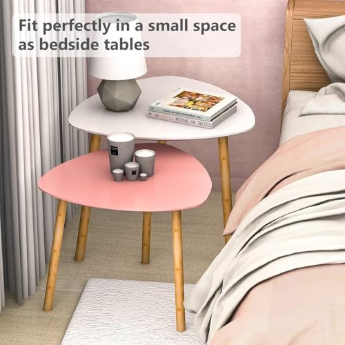 Image of Modern Wooden Nesting Side Table Set of 2 for Living Room | Space Saving Sofa Side Table | Bedside End Table | Multipurpose Accent Tables for Home Bedroom Office (Pink White, Nesting)