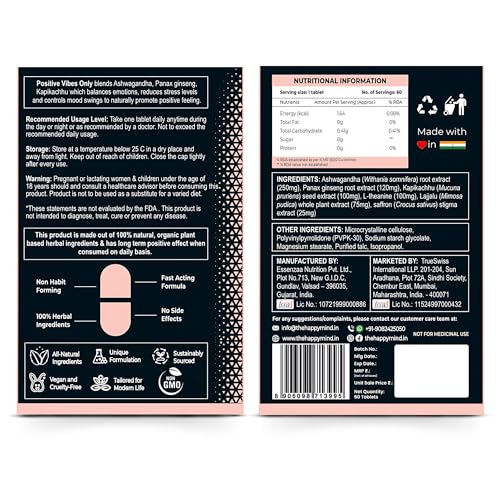 Image of HappyMind Botanicals Positive Vibes Only | Ayurvedic Mood Enhancer Supplement for Women & Men | Controls Mood Swings, Balances Emotions & Hormones | Ashwagandha, Ginseng, Kapikachu | 60 Vegan Tablets