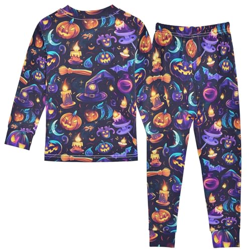 Fustylead Halloween Funny Magic Witch Hat Bat Pumpkin Candle Stars Cotton Pajama Sets 2 Piece PJ Top and Bottom Nightwear Set2