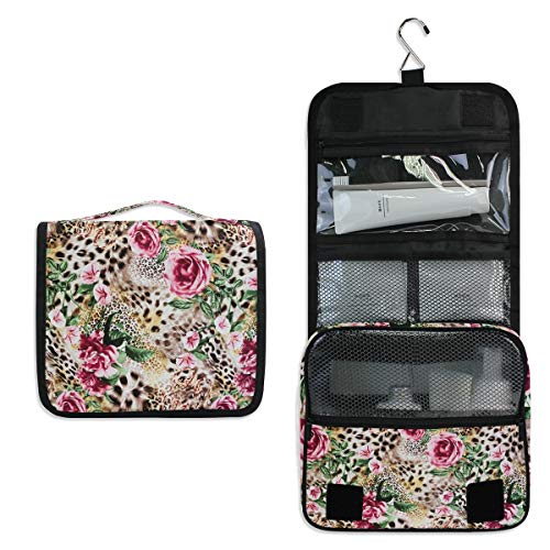 MAHU Toiletry Bag Animal Tiger Leopard Print Rose Flower Wash Bag Hanging Hook Multifunction Cosmetic Bag Portable Travel Makeup Organizer for Women Men