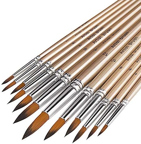 FENORKEY Artist Watercolor Brushes, Round Pointed Tip Paint Brushes Set, 12pcs Different Sizes Detail Paint Brush for Watercolor, Acrylics, Ink, Gouache, Oil, Tempera (Golden)