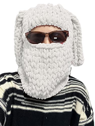 Women Knit Crochet Balaclava Hat Winter Funny Bunny Ears Sweater Beanie Hat With Scarf Headwear Warm Skull Cap (White Rabbit Ear, One Size) #TOP16