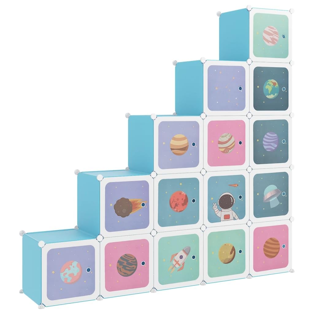 vidaXL Kinderschrank Modular mit 15 Würfeln, Regalsystem mit viel Stauraum, Würfelregal mit Stahlrahmen, Kinderregal Regal Aufbewahrungsschrank, Blau PP