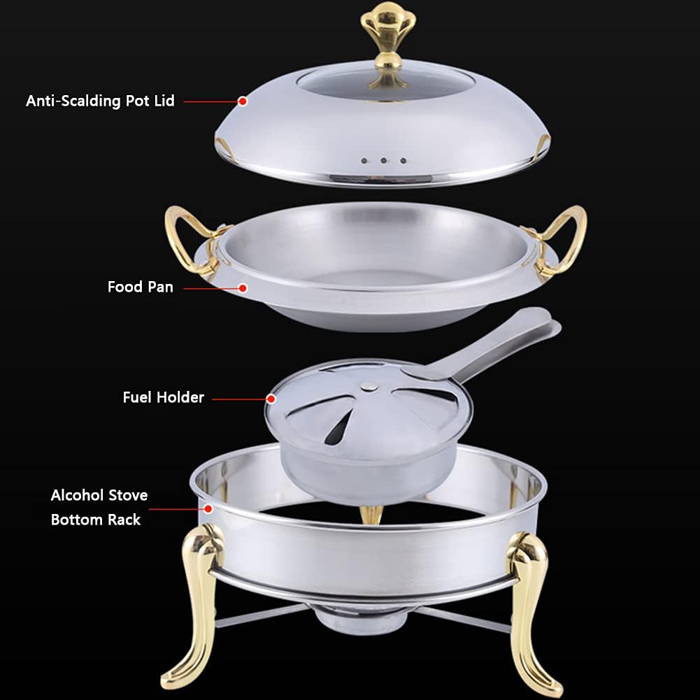 Round Stainless Steel Hot Pot with Food Plate, Fuel Rack and Lid for Home and Restaurant Full Size and Buffet Warmer Set, Silver,Silver