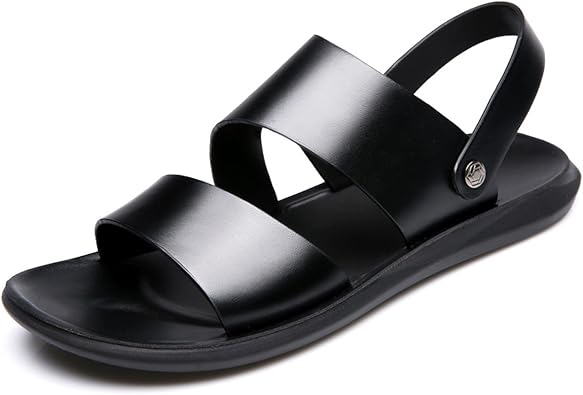 Mens Casual Leather Slip On Flat Sandals Round Open Toe Adjustable Back Strap Lightweight Non Slip Summer Sandals for Outdoor Beach Daily