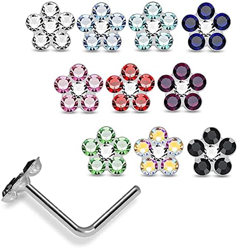 20 Pieces Box Set of Mix Colored Multi Crystal Stone Flower Top 22 Gauge 925 Sterling Silver L Shape Nose Stud