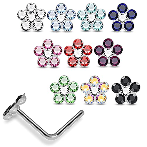 20 Pieces Box Set of Mix Colored Multi Crystal Stone Flower Top 22 Gauge 925 Sterling Silver L Shape Nose Stud