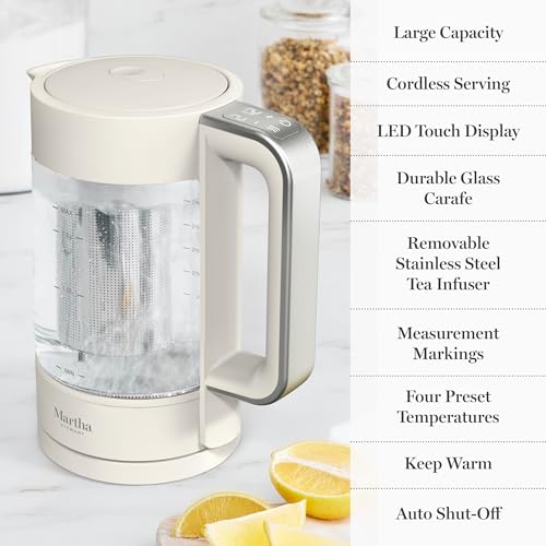 Martha Stewart Electric Kettle with Removable Stainless Steel Tea Infuser, Glass Carafe 1.7L (7 Cups), Hot Water Boiler, 4 Presets, Keep Warm & Auto Shut-Off, Cordless 360° Swivel Base, Linen Cream by Martha Stewart - Used condition - Image 7