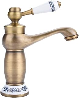 Grifo antiguo de cobre sólido, grifo mezclador de lavabo de latón de estilo europeo, grifo de lavabo de baño de una sola manija sin salpicaduras