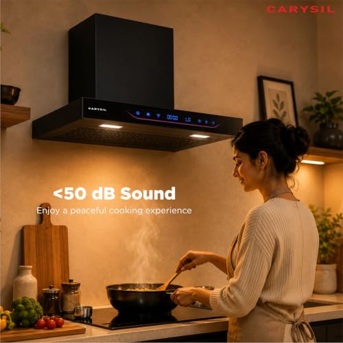Image of Carysil AeroSync SilentX 90 cm BLDC Motor Kitchen Chimney, T-Shape, 1800 m /hr Suction, Auto-Clean Filterless, 9+ Turbo & Gesture Control, LED Lamp, 12-Year Warranty - Black