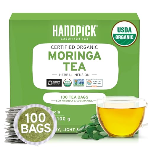 HANDPICK, Organic Moringa Tea Bags (100 Count) Non-GMO, Caffeine Free, USDA Organic Ingredients- Pure Moringa Leaves | Sweet and Light Herbal Tea Bags, Round Eco-conscious Tea Bags