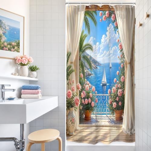 Image of Small Stall Beach Ocean Shower Curtain Blue Coastal Floral Bathroom Decor