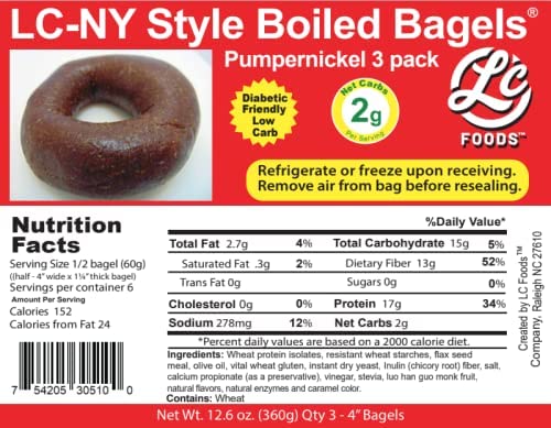 Miniatura 8 de LC Foods Bagels Low Carb NY Style Pumpernickel (3 unidades)  Sin azúcar  Keto  Hecho a mano  Todo natural  Recién horneado  Apto para diabéticos