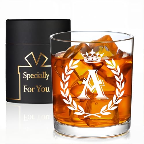 Jmugmt Personalized Whiskey Glasses Gifts for Men, Letter A Initial Whiskey Glass, Christmas Birthday Gifts for Men Husband Brother Dad, 10 OZ Old Fashioned Glass with Gift Box(Letter A)