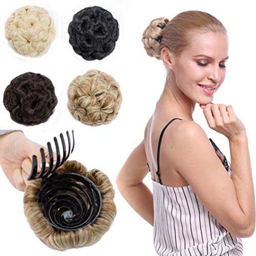 Wavy Bun Hairpieces Clip in on Comb Synthetic Chignon with Plastic Combs Bride Updo Hair Extensions Ribbon Ponytail Golden Blonde Mix Bleach Blonde-Clip in