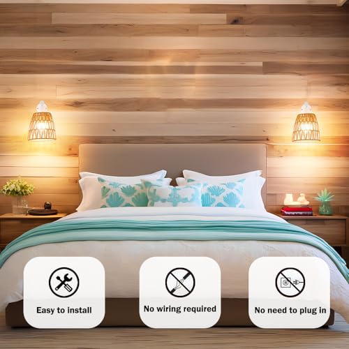 Image of Battery Operated Wall Sconce Set of 2, Boho USB Rechargeable Wall lamp, White Farmhouse Rattan Sconce Lighting with Remote, RGB 15 Colors Modes Rechargeable Wall Lights for Bedroom Livingroom Hallway
