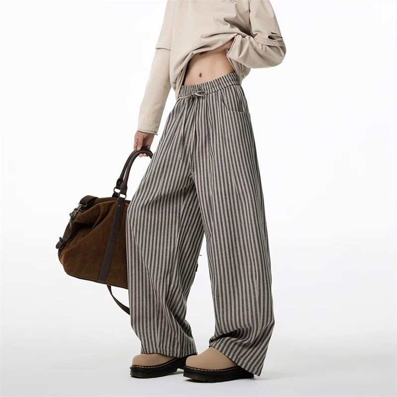 Mens Striped Wide Leg Pants Unisex Elastic Waistband Drawstring Casual Trousers4