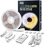 LED Strip Lights Warm White, 5m Dimmable LED Light Strip with RF Remote, 300 Bright 3000K 2835 LEDs, Plug-in Adhesive Rope Lights with Timing Mode for Living Room Bedroom Kitchen Cabinet Mirror Decor