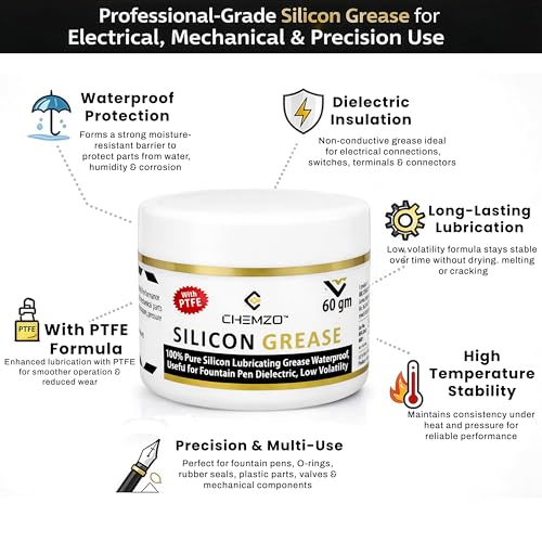 Image of CHEMZO Silicone Lubricating Grease with PTFE | White, 60 g | 100% Synthetic Grease | Dielectric | Multi purpose | Moisture Resistant, Non-Staining Formula | Excellent sound dampening |