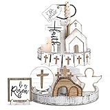Jetec 12 Pcs Christian Easter Decor He Is Risen Tiered Tray Decoration Easter Table Wooden Sign Rustic Religious Christian Tabletop Farmhouse Tray Decoration for Kitchen Home Party