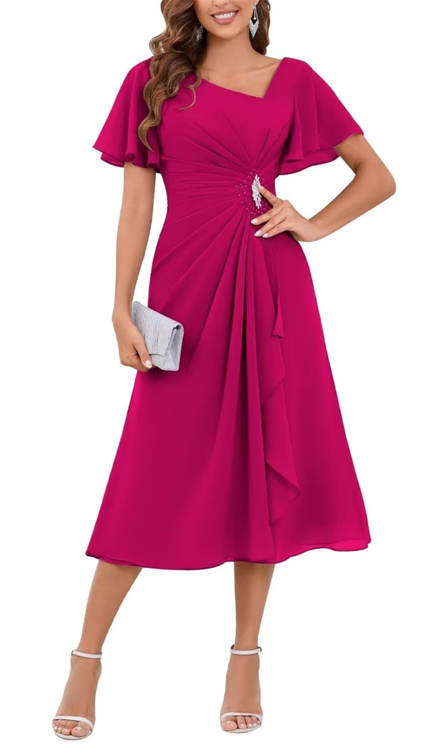 Yiann Women's Fuchsia Tea Length Mother Of The Bride Dresses With Sleeves For Plus Size Chiffon Wedding Guest Dress Uk20