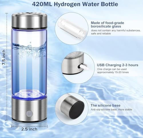 Premium Molecular Hydrogen Water Bottle Generator - 1700 PPB Glass Portable Hydrogen Water Machine with SPE/PEM Technology, Rechargeable Hydro Health Bottle, Hydrogen Water Ionizer, Hydro Water Bottle - Image 5