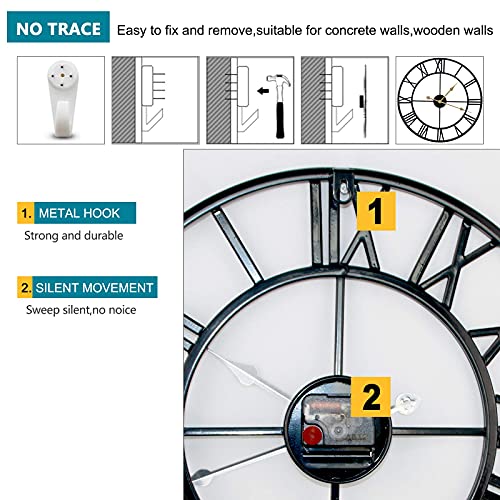 Eurson Large Wall Clocks 24Inch Non-Ticking Silent Battery Operated Oversized Metal Round Roman Numerals Industrial Wall Clocks For Home Kitchen Living Room Office Decor #TOP6